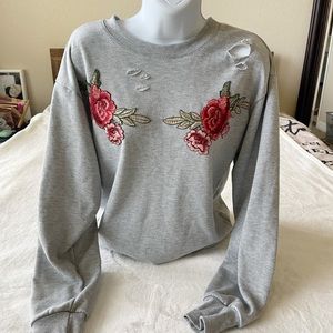 Vintage Ripped Grey Long Sleeve Sweatshirt With Rose Embroidery